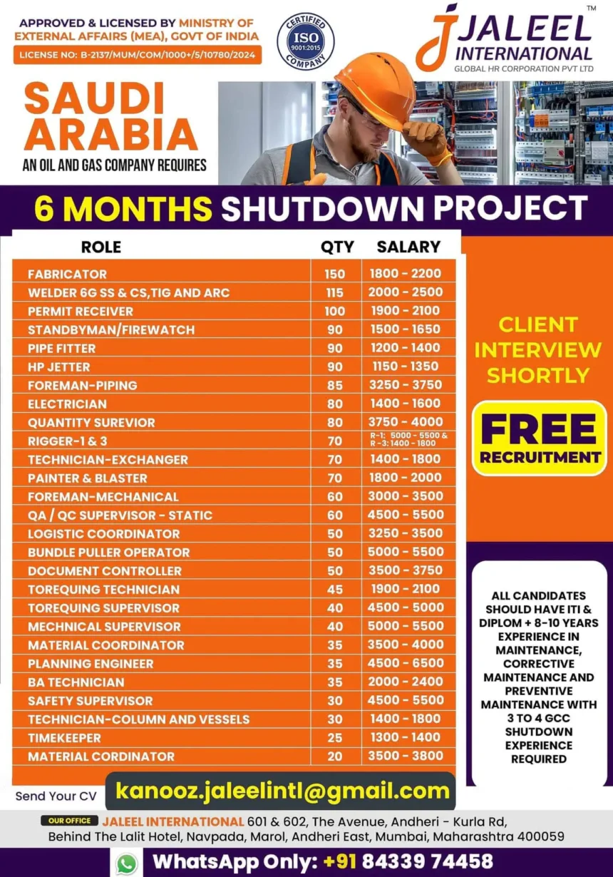 Urgent job vacancy for Saudi Arabia 6-month shutdown oil and gas project with role, salary, and contact details