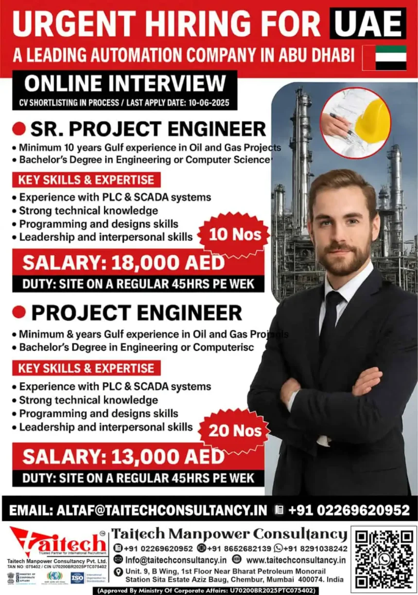 Urgent job vacancy for project engineers in Abu Dhabi with Taitech Manpower Consultancy