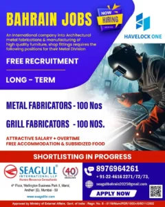 Urgent job vacancy in Bahrain for 100 Metal Fabricators and 100 Grill Fabricators with free recruitment and benefits