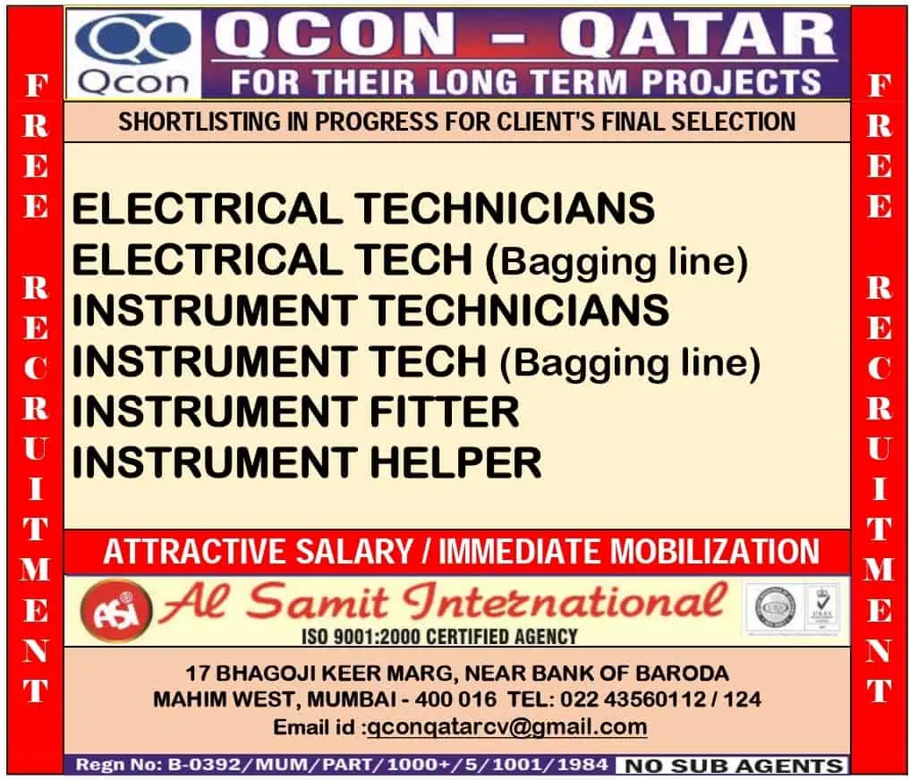 Urgent job vacancy in Qatar – Electrical and instrument technician recruitment poster by QCON