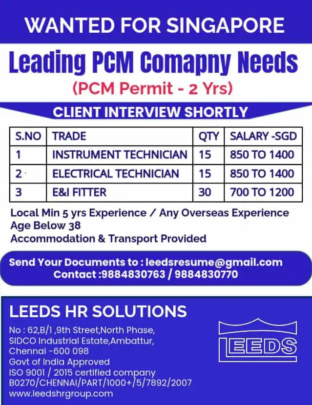 Urgent job vacancy in Singapore for Instrument Technicians, Electrical Technicians, and E&I Fitters by PCM company via Leeds HR Solutions