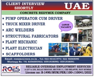 Urgent job vacancy in UAE for concrete redymix company – hiring pump operators, truck drivers, welders, electricians