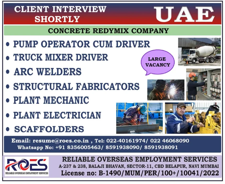 Urgent job vacancy in UAE for concrete redymix company – hiring pump operators, truck drivers, welders, electricians