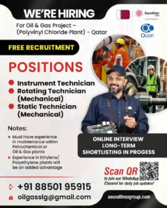 Urgent jobs vacancy for oil and gas technicians in Qatar – hiring poster for instrument, rotating, and static technician roles with contact details