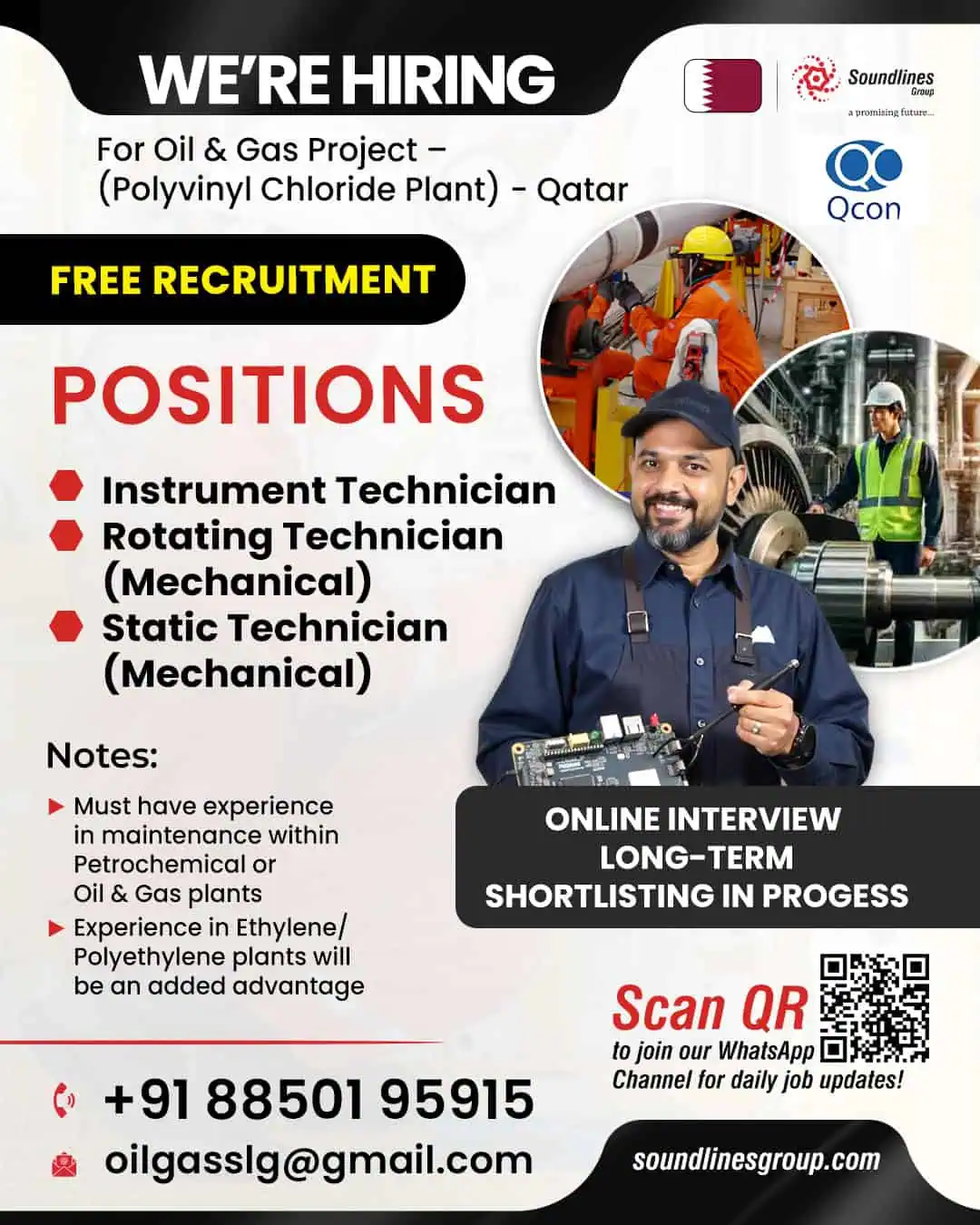 Urgent jobs vacancy for oil and gas technicians in Qatar – hiring poster for instrument, rotating, and static technician roles with contact details