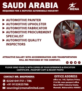 Urgent jobs vacancy in Saudi Arabia for automobile industry with roles like automotive painter, upholster, fabricator, procurement specialist, and quality inspector.