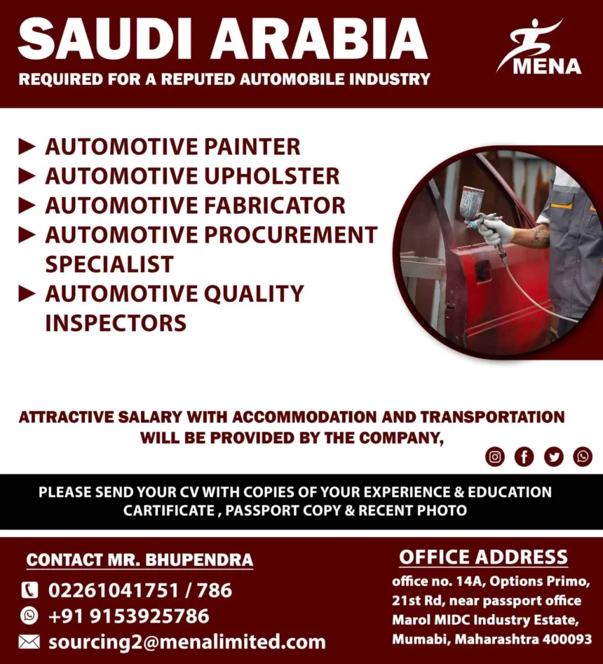 Urgent jobs vacancy in Saudi Arabia for automobile industry with roles like automotive painter, upholster, fabricator, procurement specialist, and quality inspector.