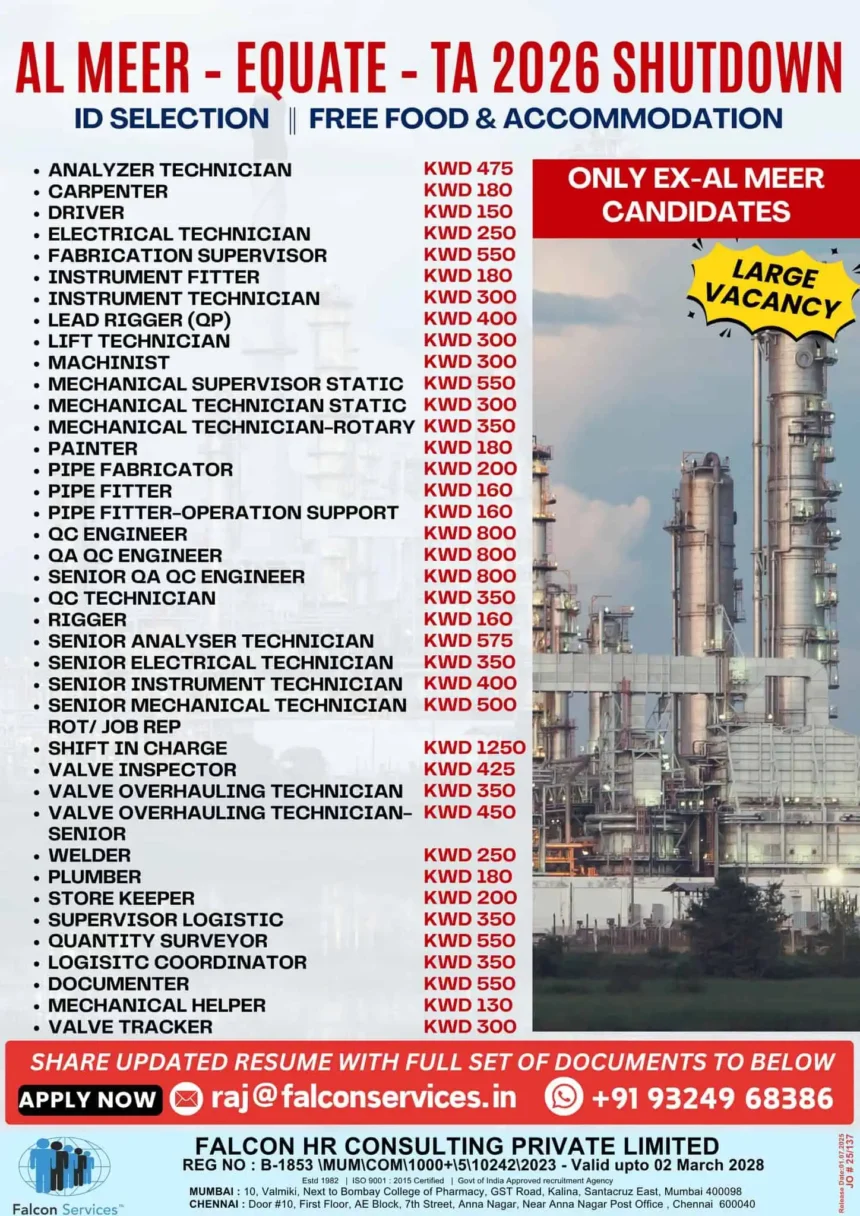 Jobs Hiring Al Meer Kuwait Shutdown 2026 – Technical and Supervisor Openings with Salary Detail