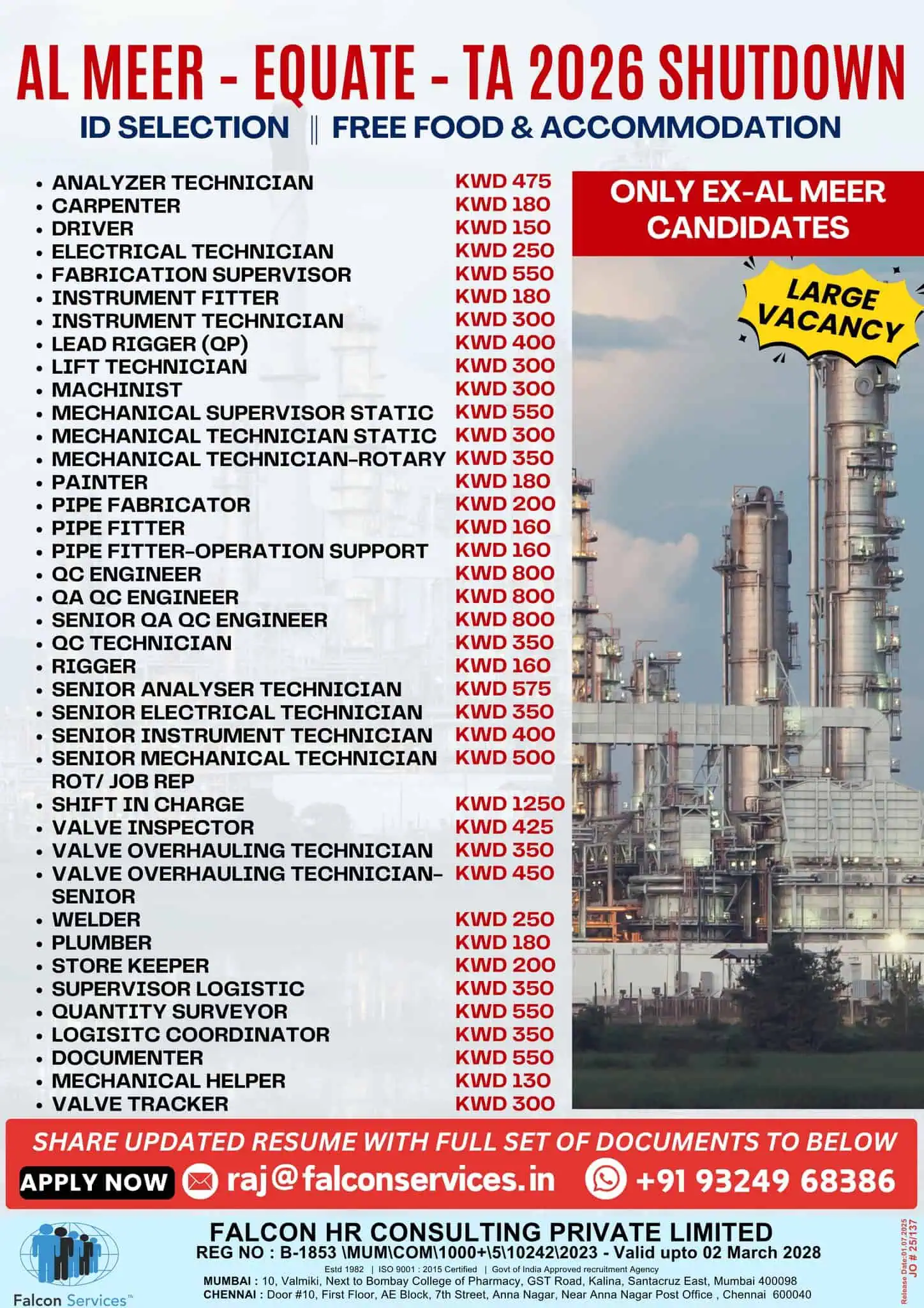 Jobs Hiring Al Meer Kuwait Shutdown 2026 – Technical and Supervisor Openings with Salary Detail